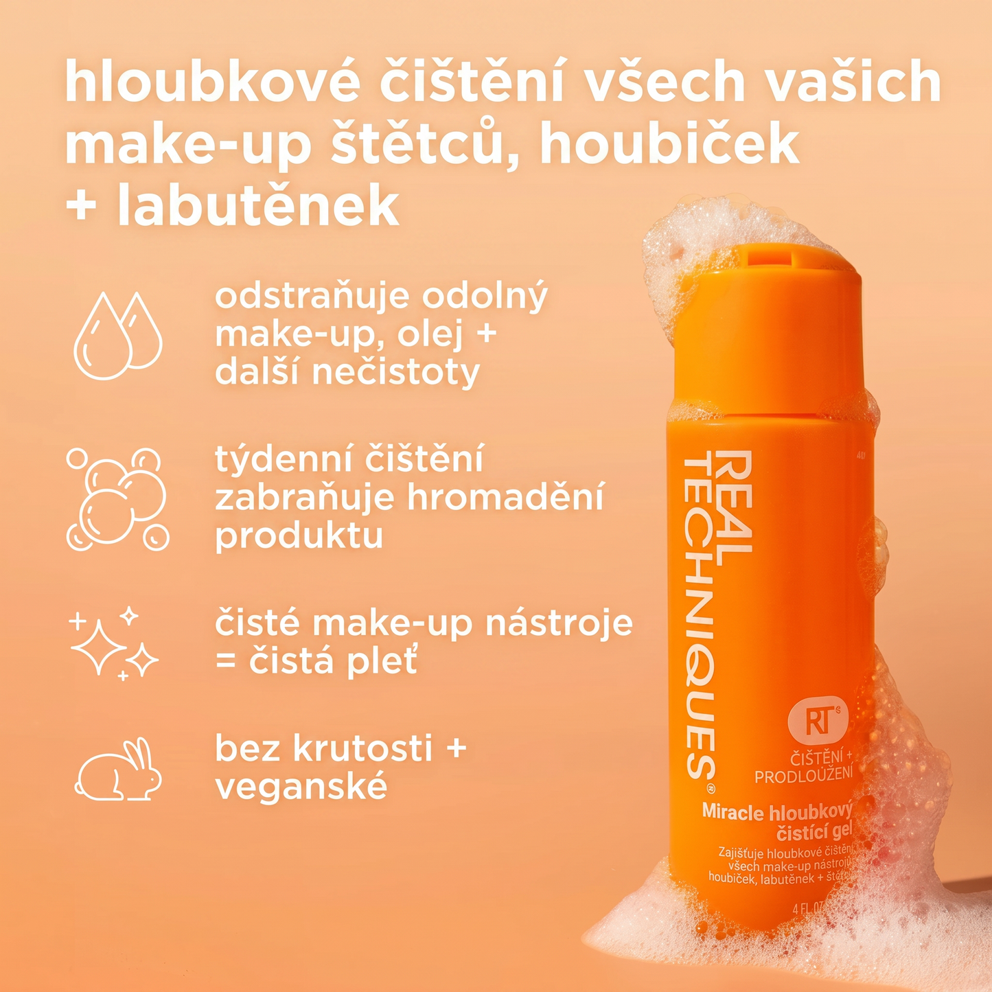 Real Techniques Miracle Deep Cleansing Gel, Šampon na čištění štětců a houbic na make-up, Vegan & Bez krutosti, 4 fl. oz./118 ml lahvička