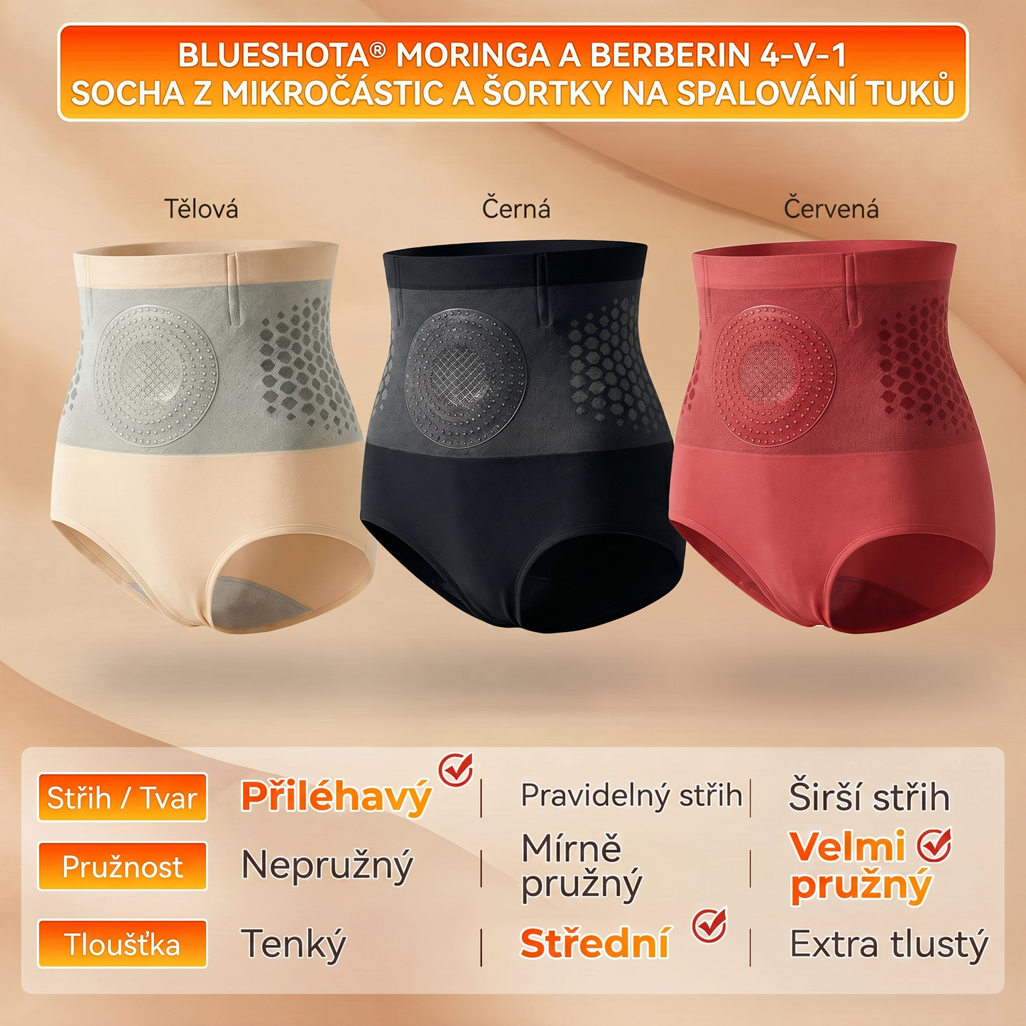 Oficiální značkový obchod 💎 BLUESHOT® 💎 2026 Tvarující a spalovací šortky 4 v 1 s mikročásticemi moringy a berberinu